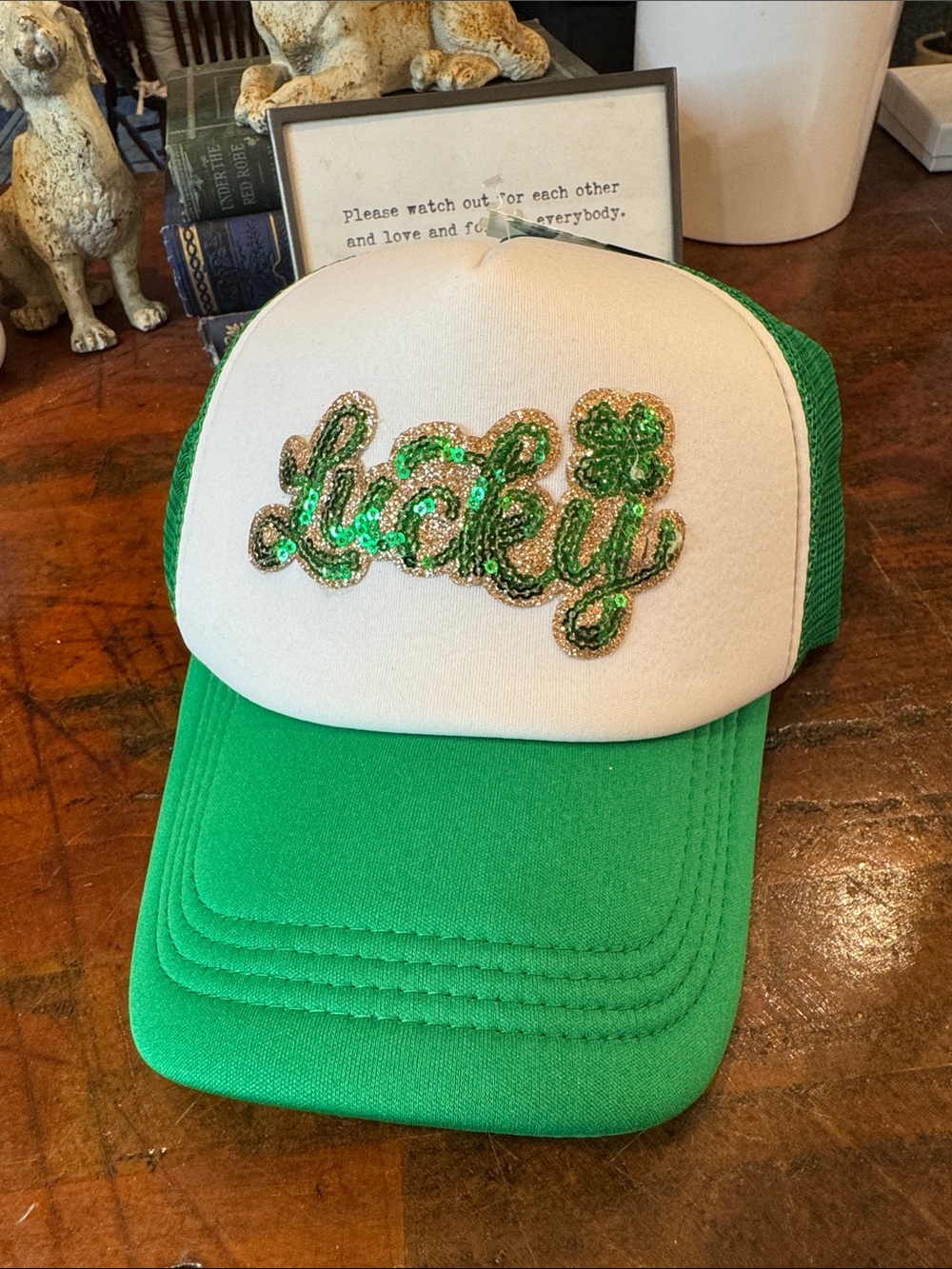 Sequin 'Lucky' Green and White Trucker Hat